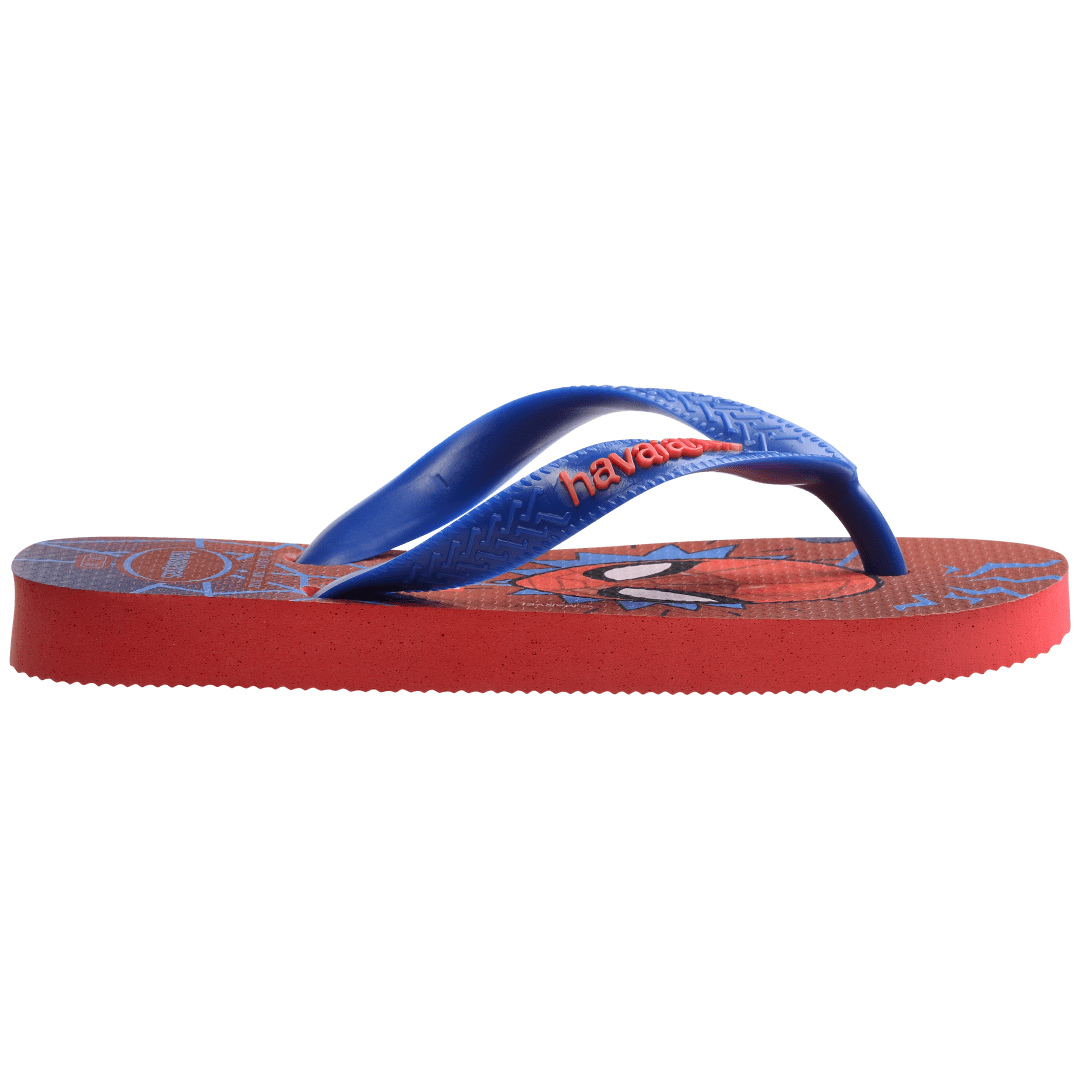 spiderman on a red and blue background with spider webs and a blue strap, side view