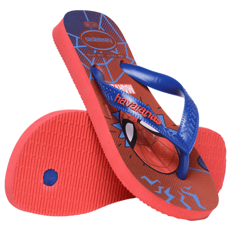 spiderman on a red and blue background with spider webs and a blue strap, one sandal leaning on the other toe side down