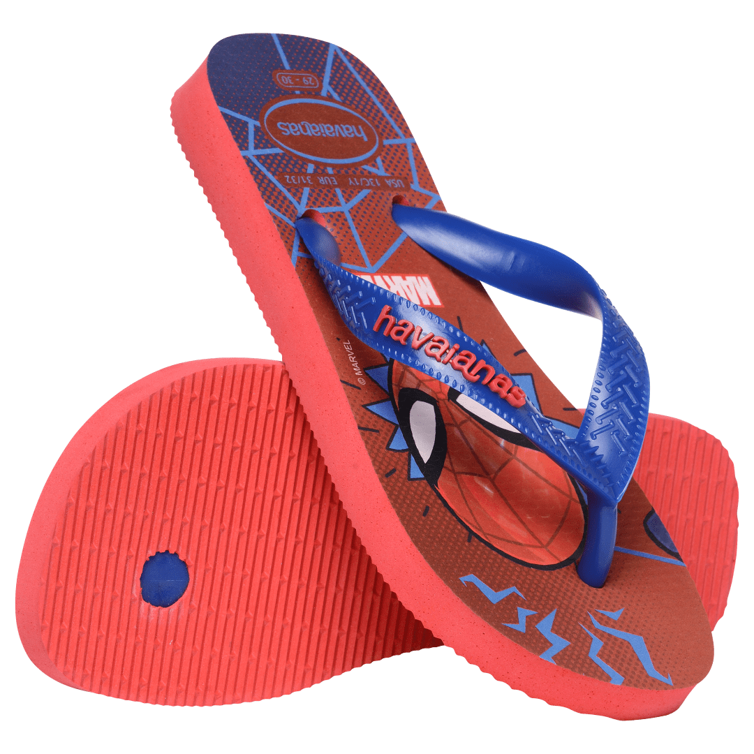 spiderman on a red and blue background with spider webs and a blue strap, one sandal leaning on the other toe side down