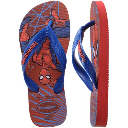 spiderman on a red and blue background with spider webs and a blue strap, one top view, one side view