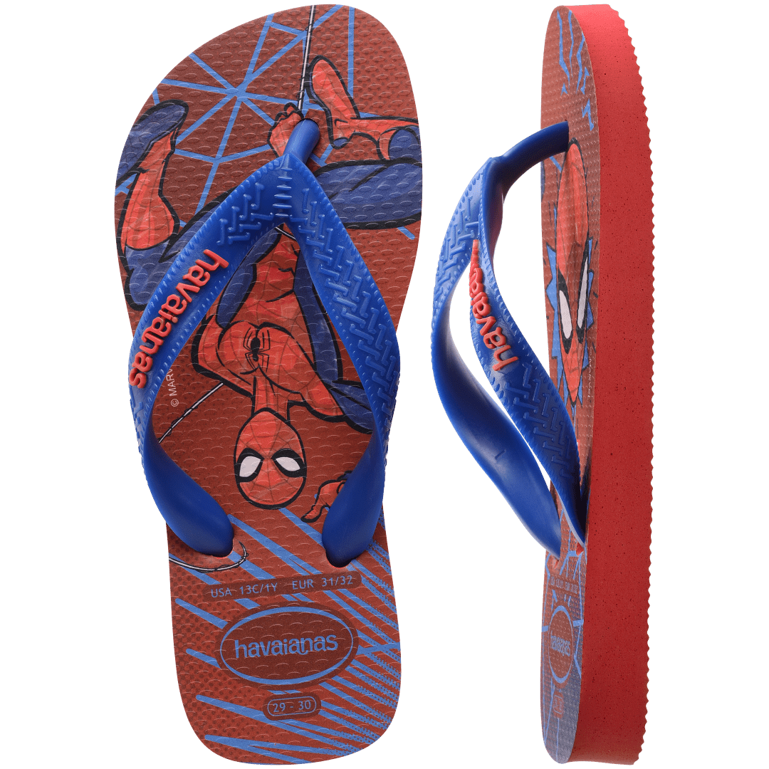 spiderman on a red and blue background with spider webs and a blue strap, one top view, one side view