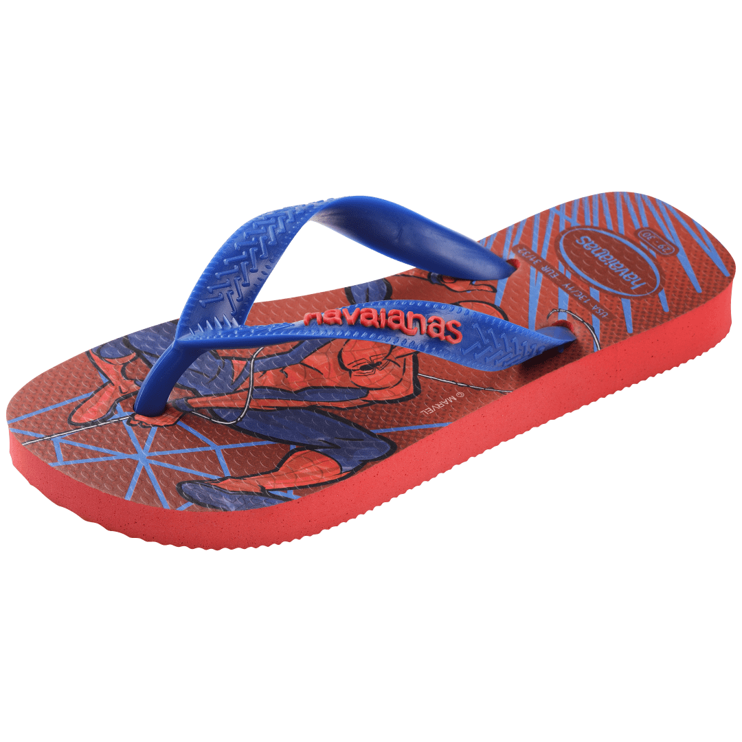 spiderman on a red and blue background with spider webs and a blue strap, front left view