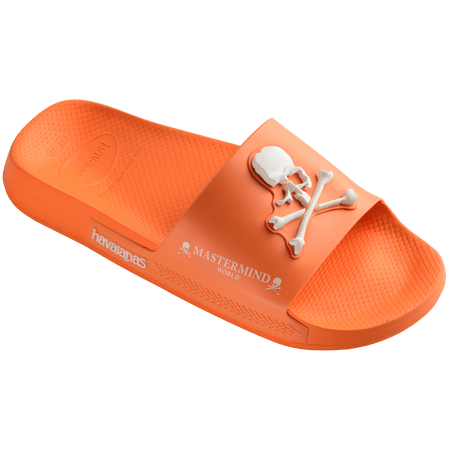 Men's Mastermind orange slides with white skull & cross-bones, 3/4 side view