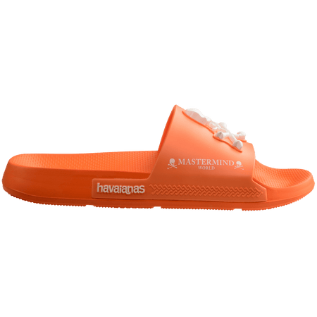 Men's Mastermind orange slides with white skull & cross-bones, side view