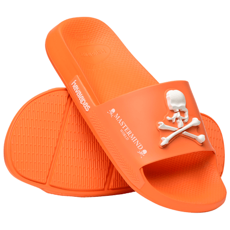 Men's Mastermind orange slides with white skull & cross-bones, sole and top view