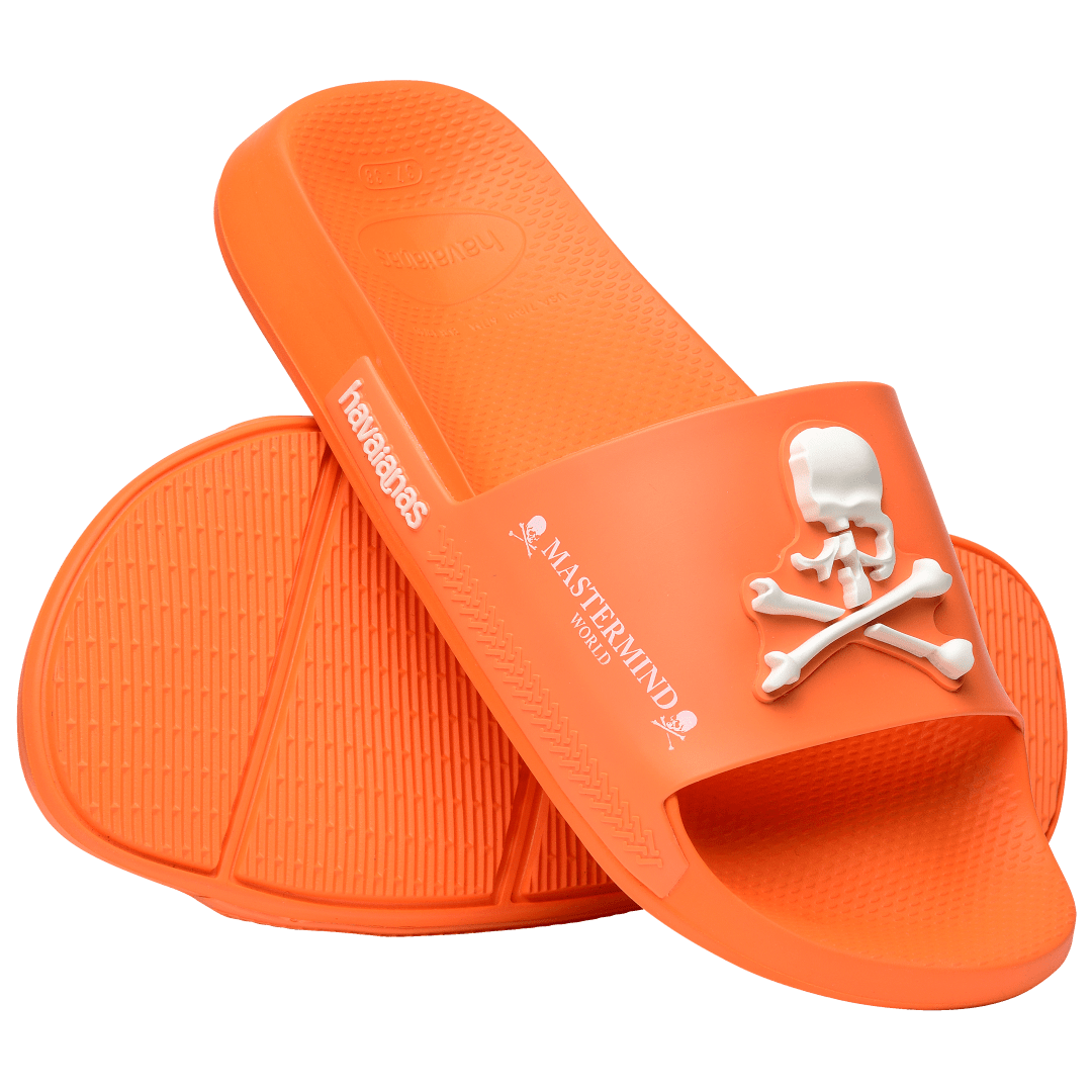 Men's Mastermind orange slides with white skull & cross-bones, sole and top view