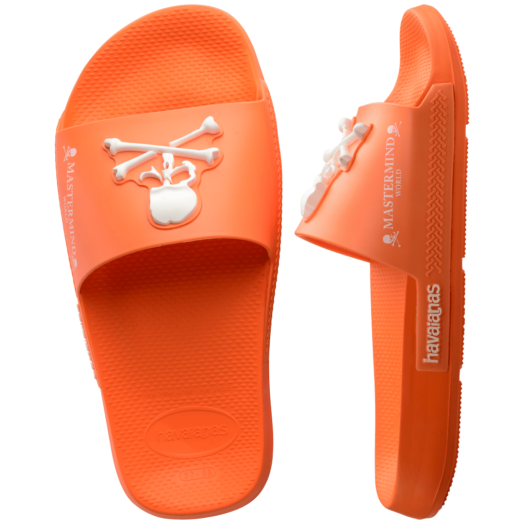 Men's Mastermind orange slides with white skull & cross-bones, top and side view