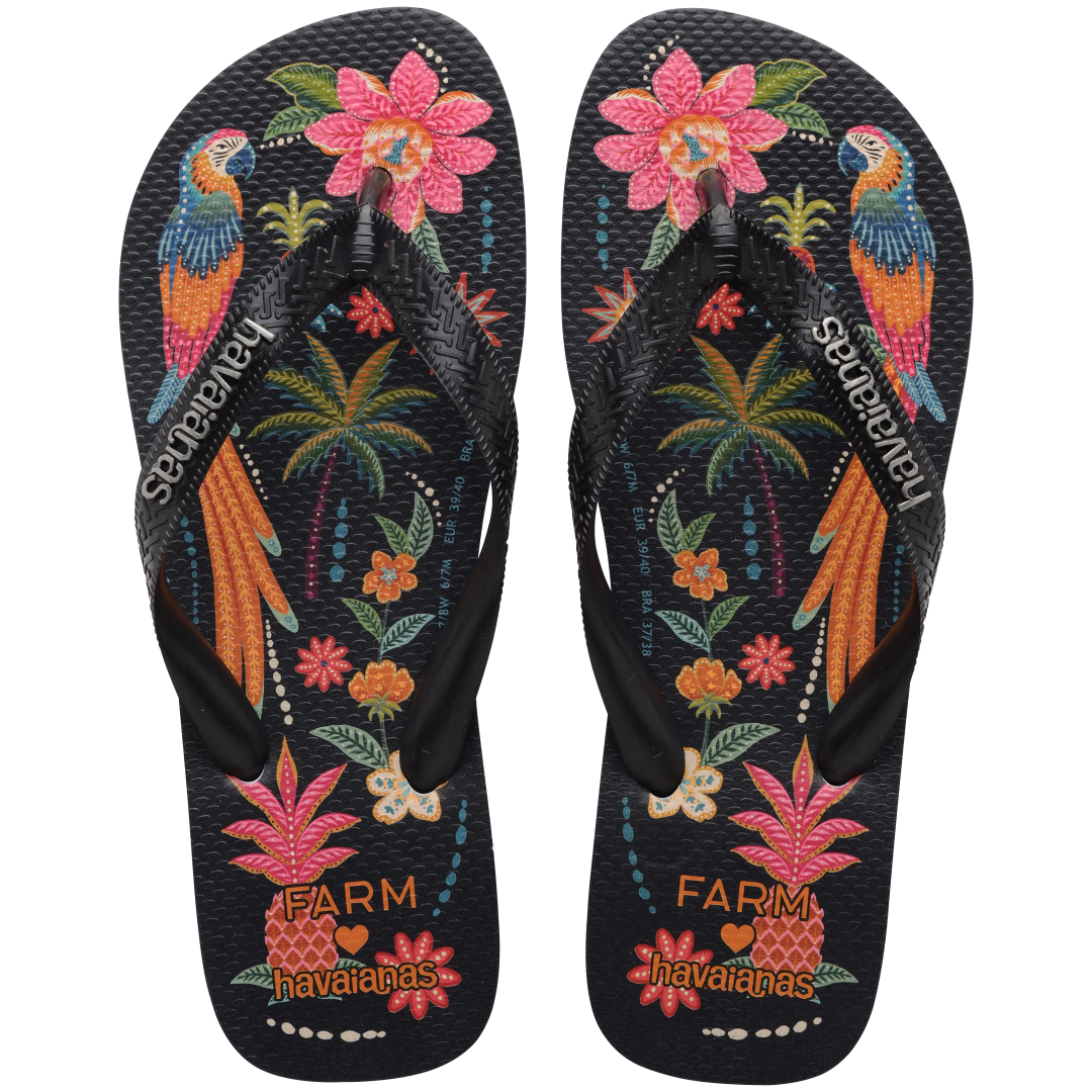 Women's FARM Rio Black Parrots Top Flip Flops