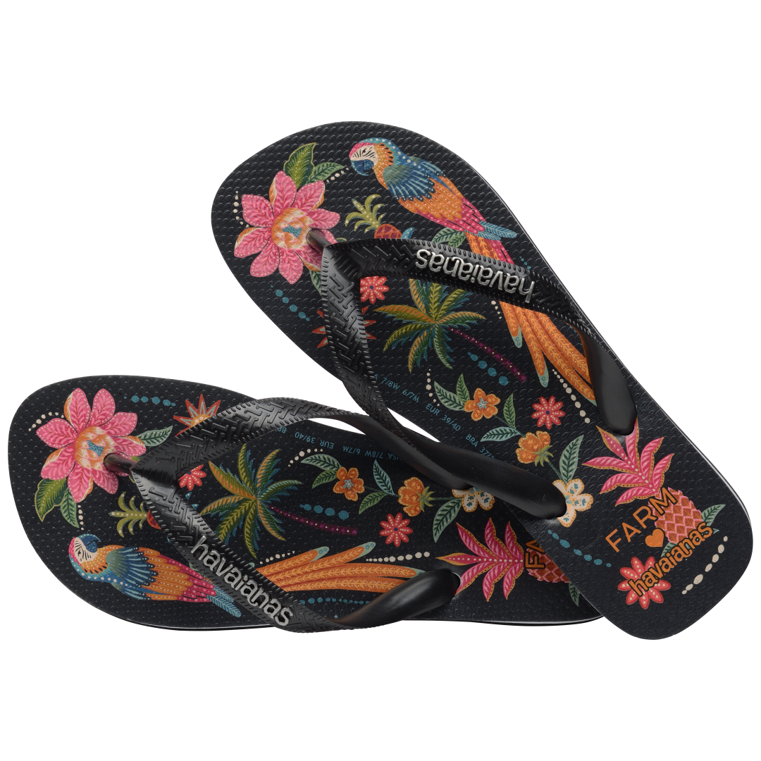 Women's FARM Rio Black Parrots Top Flip Flops