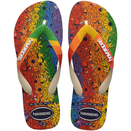 Rainbow floral flip flop top view