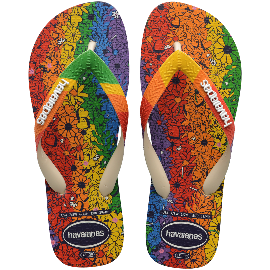 Rainbow floral flip flop top view