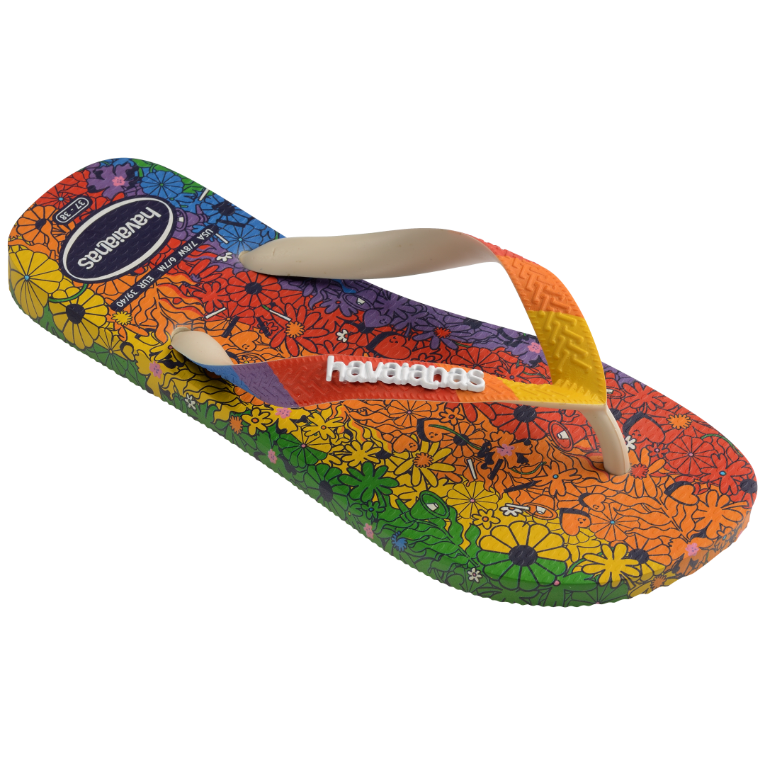 Rainbow floral flip flop 3/4 view