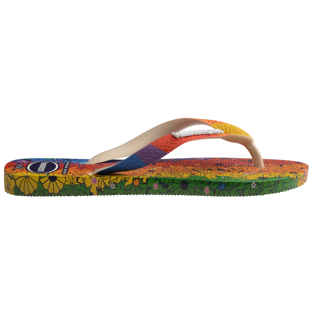 Rainbow floral flip flop side view