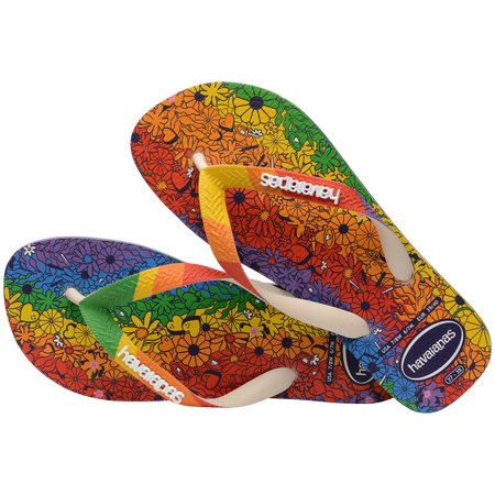 Rainbow floral flip flop top view with crossover