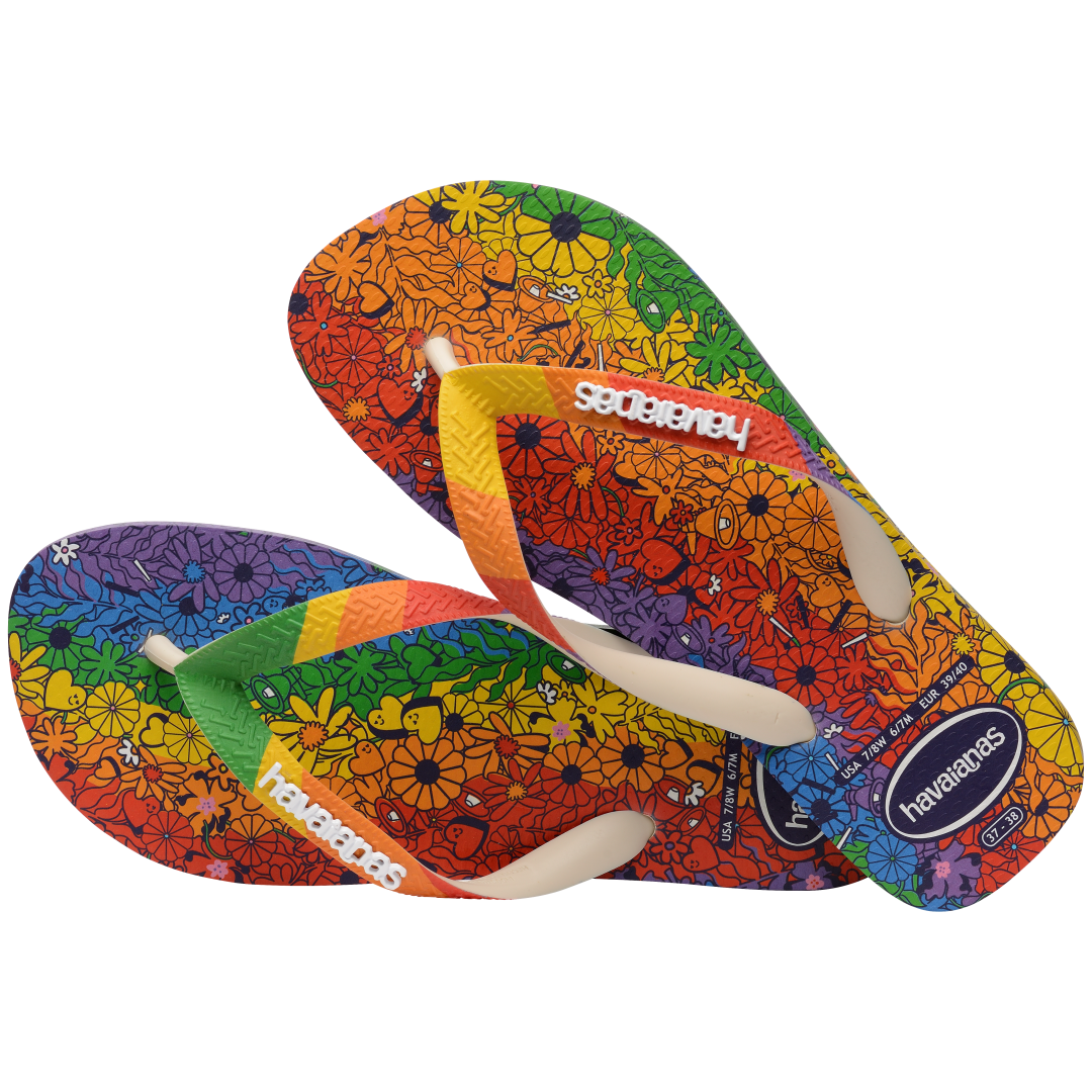 Rainbow floral flip flop top view with crossover