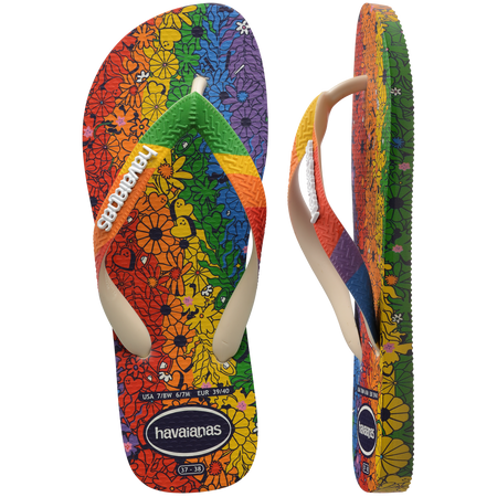 Rainbow floral flip flop top view and side view