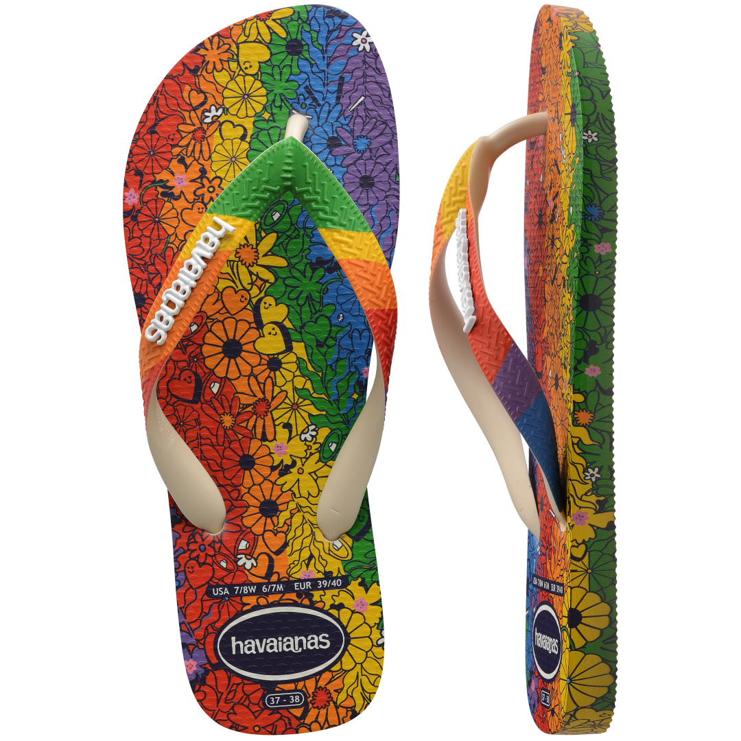 Rainbow floral flip flop top view and side view