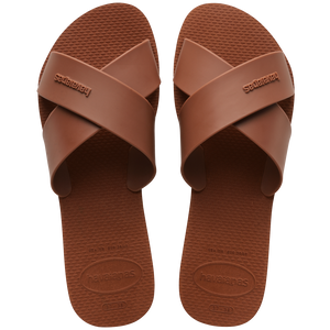 Red brown criss-cross strap slide top view