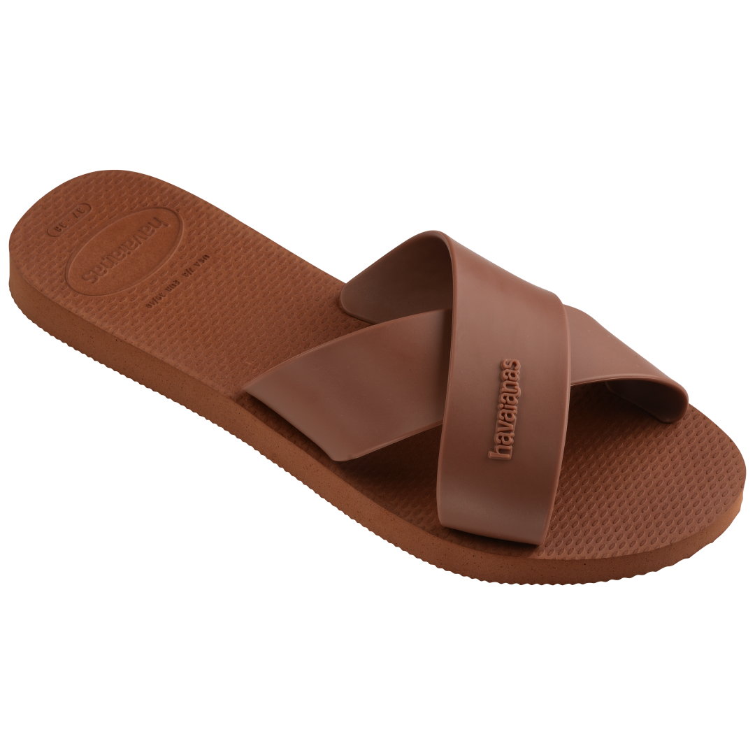 Red brown criss-cross strap slide right 3/4 view