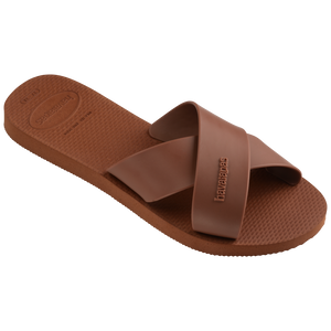 Red brown criss-cross strap slide right 3/4 view