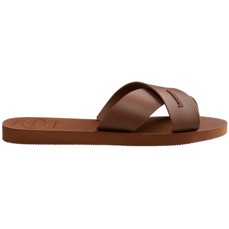 Red brown criss-cross strap slide side view