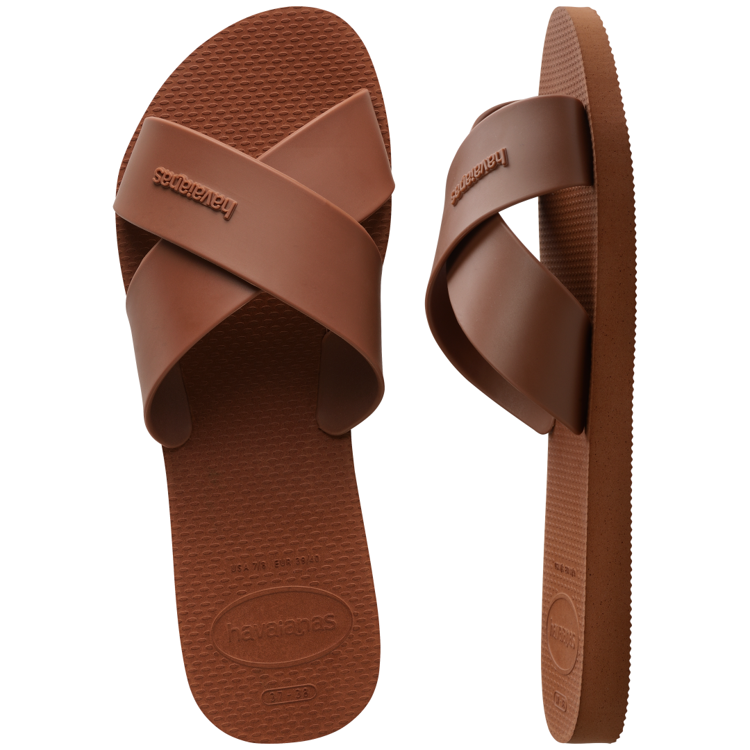 Red brown criss-cross strap slide top view and side view