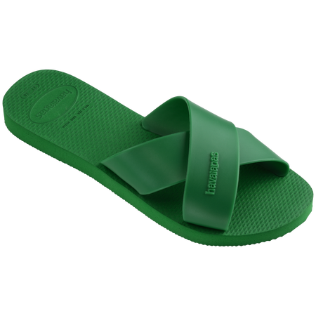 Women's kelly green crisscross strap slide sandals right 3/4 view