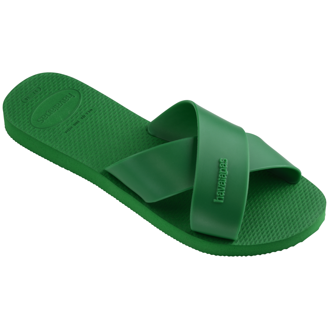 Women's kelly green crisscross strap slide sandals right 3/4 view