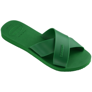 Women's kelly green crisscross strap slide sandals right 3/4 view