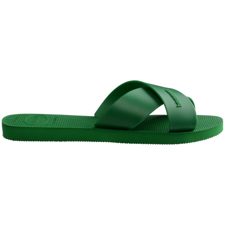 Women's kelly green crisscross strap slide sandals side view