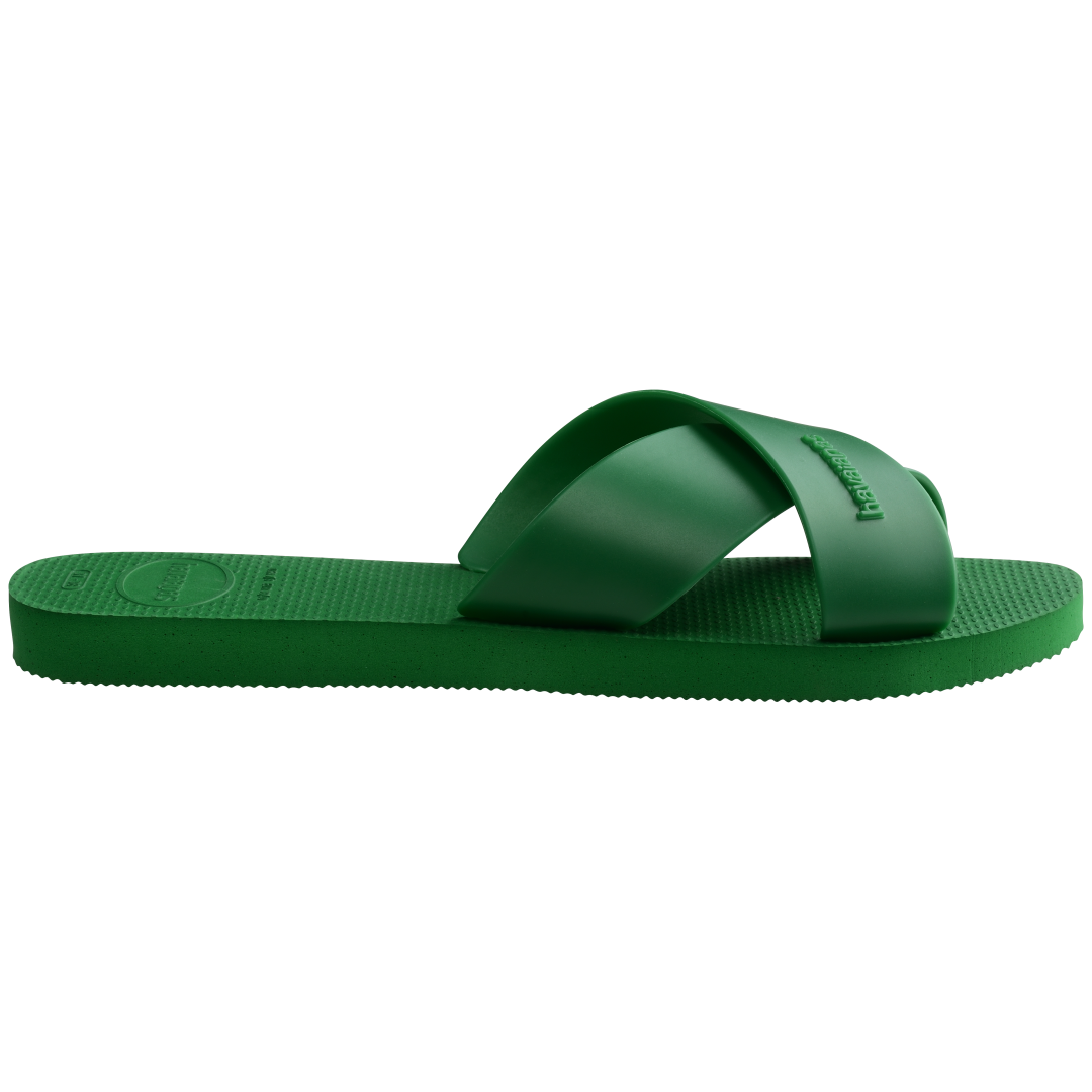 Women's kelly green crisscross strap slide sandals side view