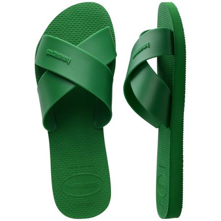 Women's kelly green crisscross strap slide sandals top and side view