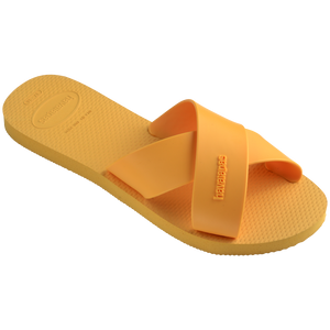 Women's solid orange yellow crisscross strap slide sandal 3/4 side view