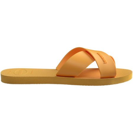 Women's solid orange yellow crisscross strap slide sandal side view