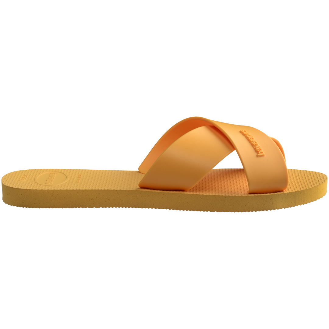 Women's solid orange yellow crisscross strap slide sandal side view