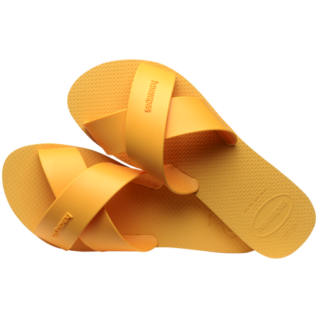 Women's solid orange yellow crisscross strap slide sandal alternate top view