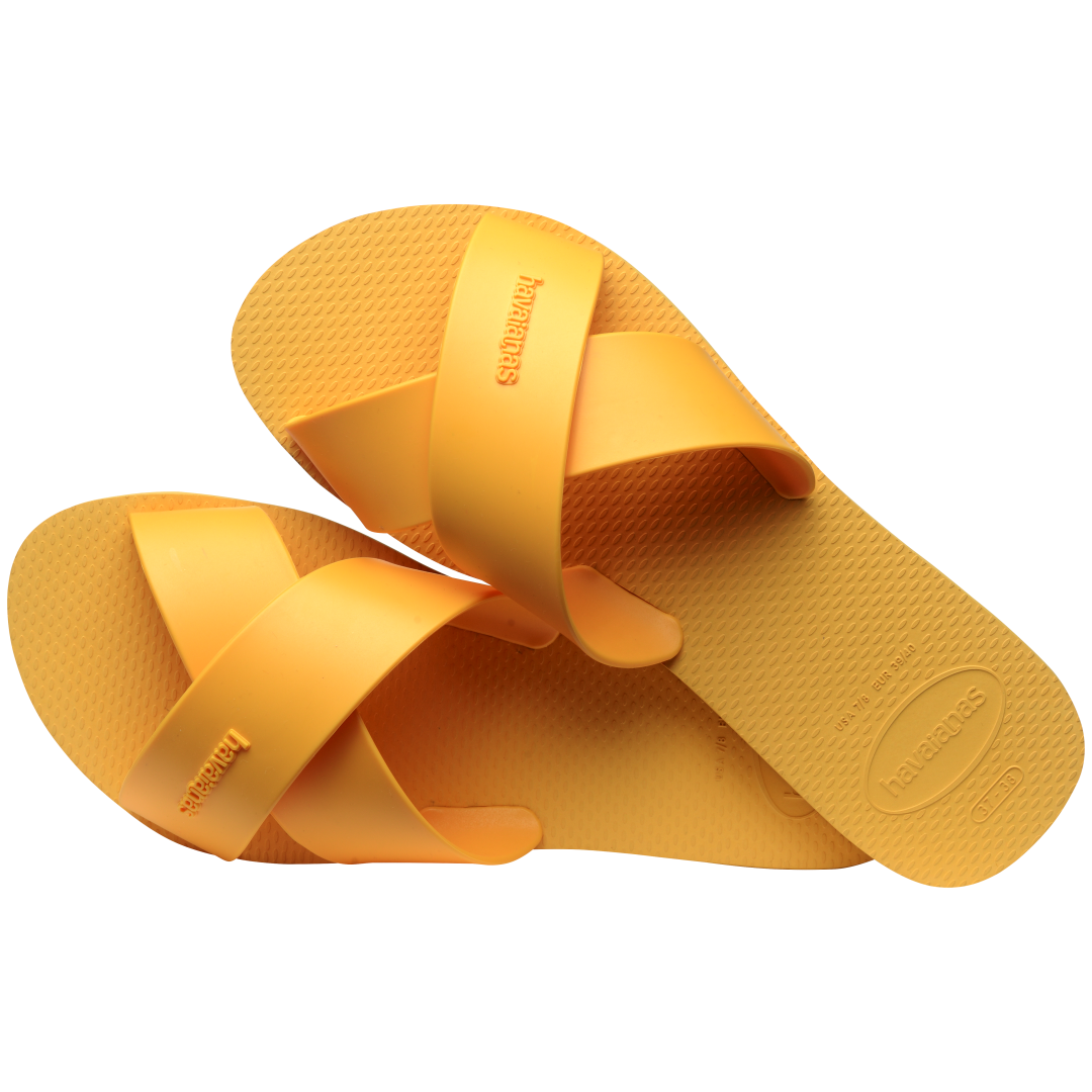 Women's solid orange yellow crisscross strap slide sandal alternate top view