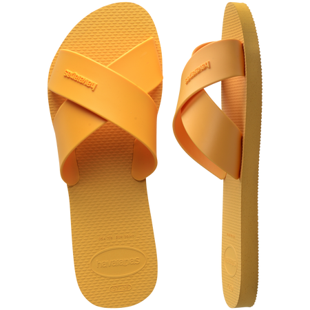 Women's solid orange yellow crisscross strap slide sandal top and side view