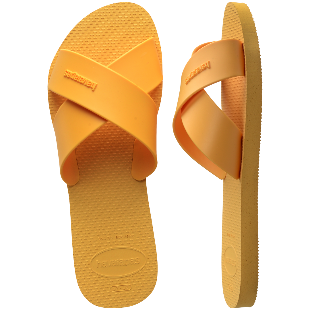 Women's solid orange yellow crisscross strap slide sandal top and side view