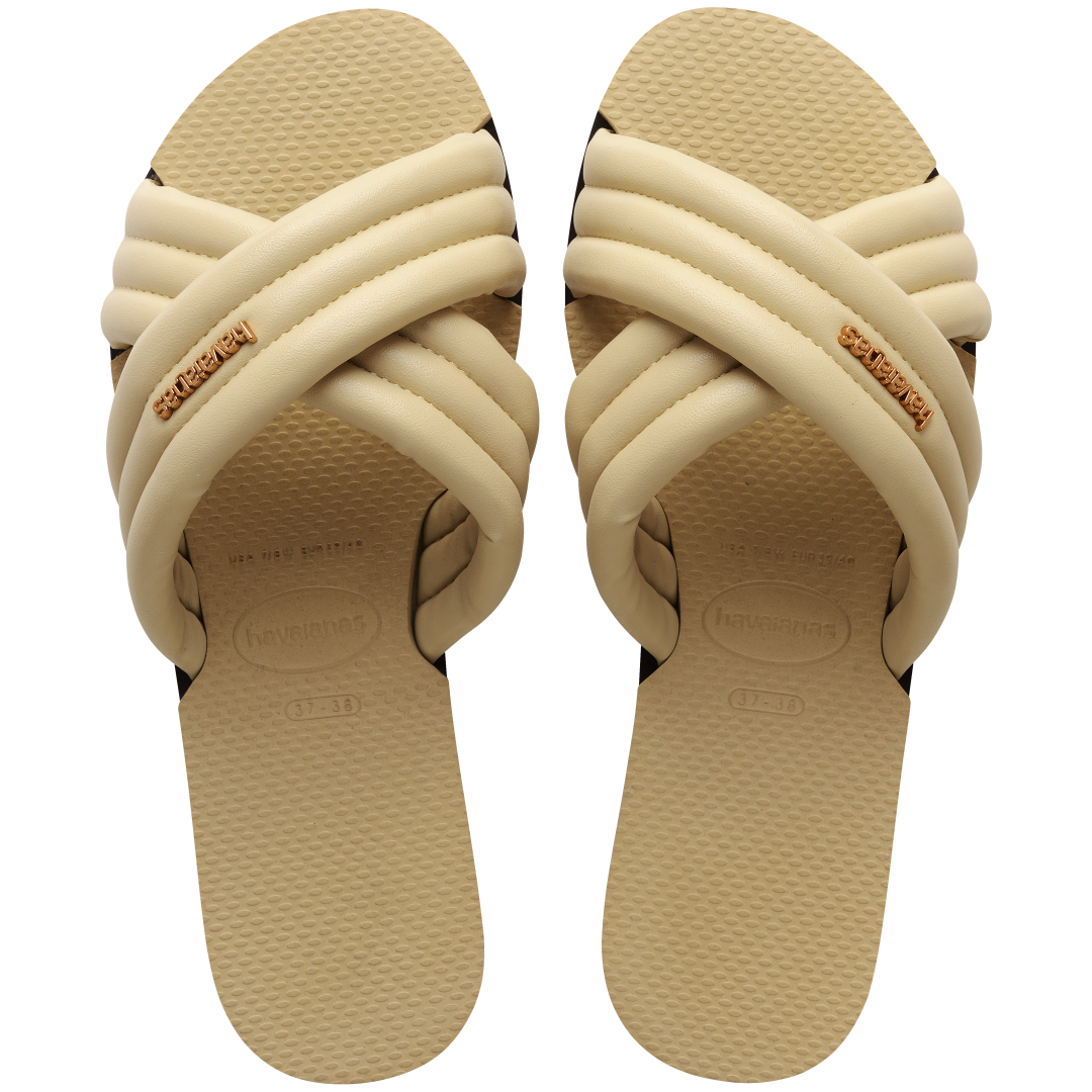 Cream criss-cross strap slide sandal top view