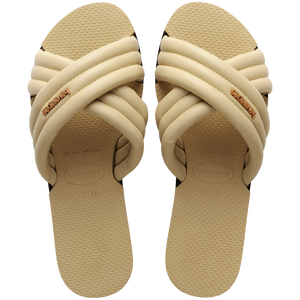 Cream criss-cross strap slide sandal top view