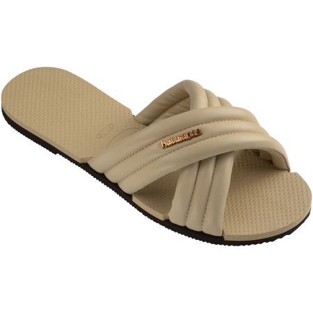 Cream criss-cross strap slide sandal right 3/4 view