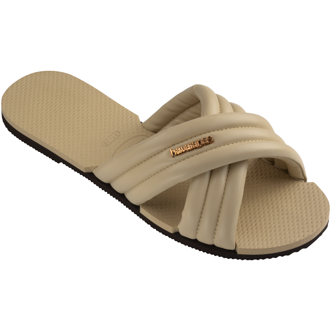 Cream criss-cross strap slide sandal right 3/4 view