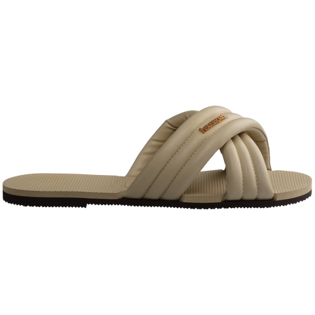 Cream criss-cross strap slide sandal right side view