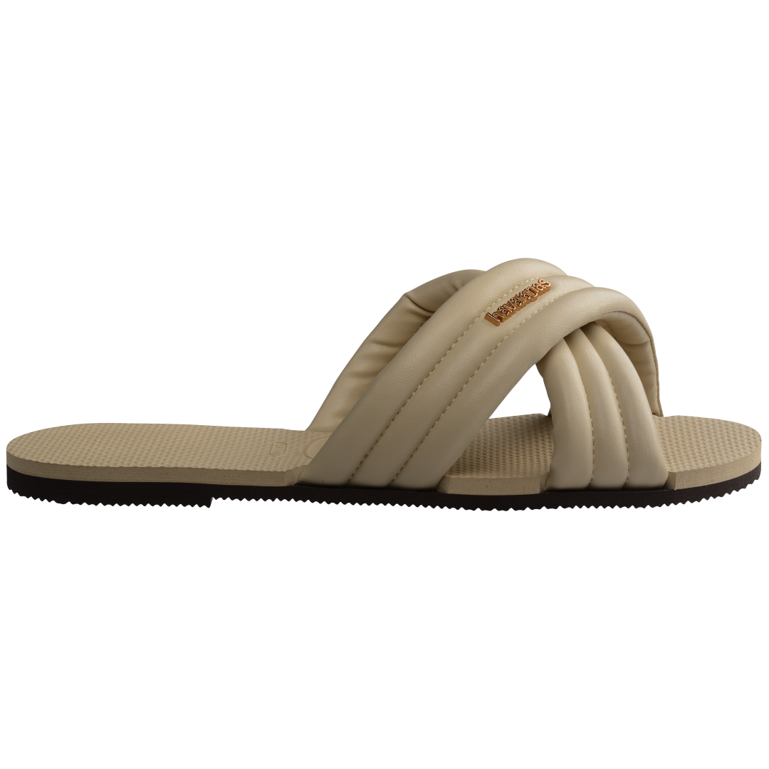 Cream criss-cross strap slide sandal right side view