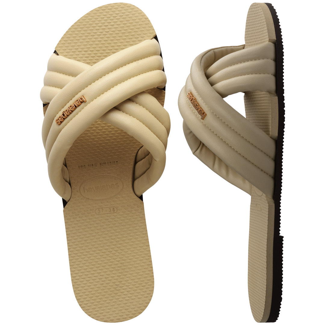 Cream criss-cross strap slide sandal top view and side view