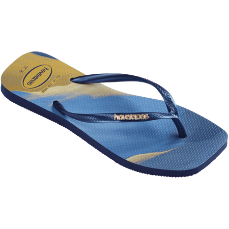 blue and yellow marbled flip flops with blue strap with gold metal havaianas logo, front right view