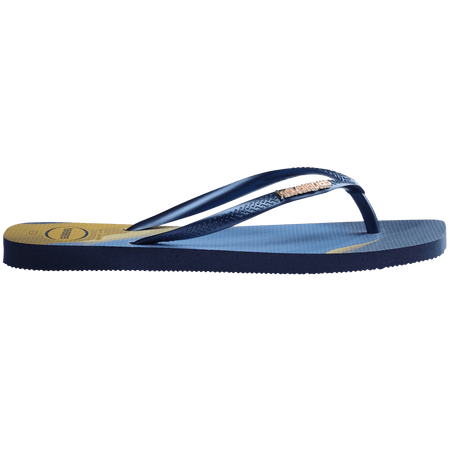 blue and yellow marbled flip flops with blue strap with gold metal havaianas logo, side view