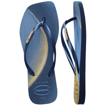 blue and yellow marbled flip flops with blue strap with gold metal havaianas logo, one shoe top view one shoe side view