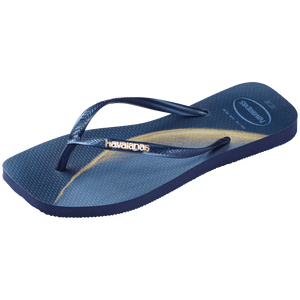 blue and yellow marbled flip flops with blue strap with gold metal havaianas logo, front left view